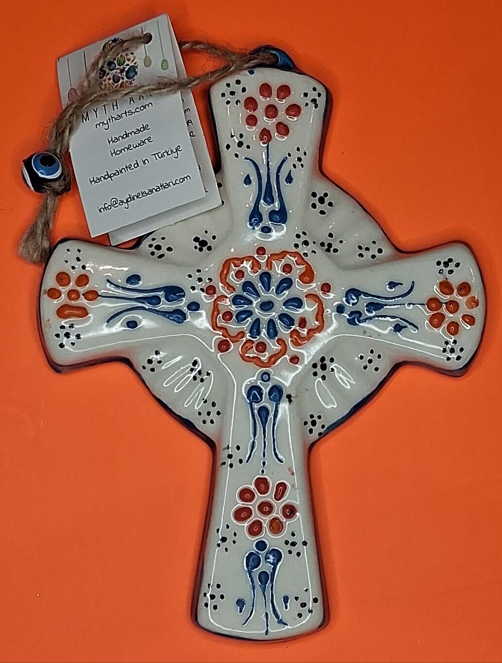 Handpainted 6" Hanging Ceramic Cross with Nazar bead from Myth Arts in Turkey